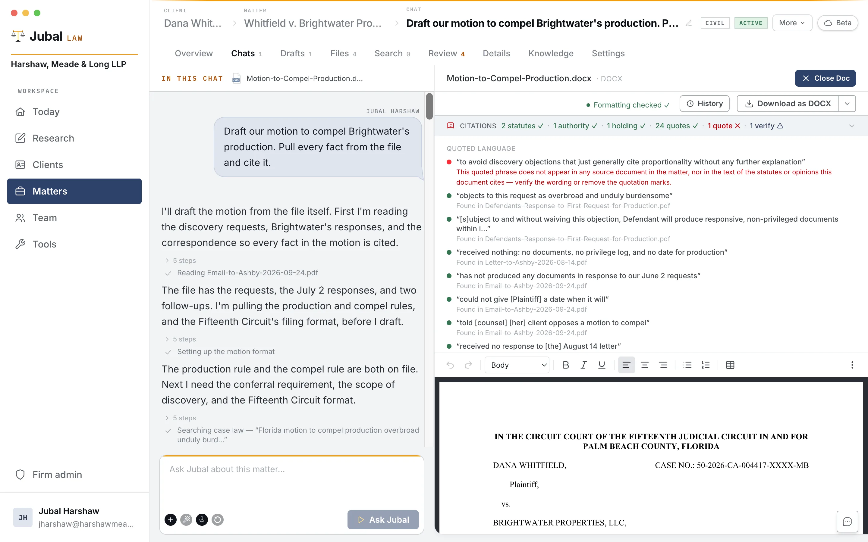 Jubal holding a drafted motion for review: its citations check found 24 quotes in the matter's documents and flagged one in red because that phrase appears in no source document